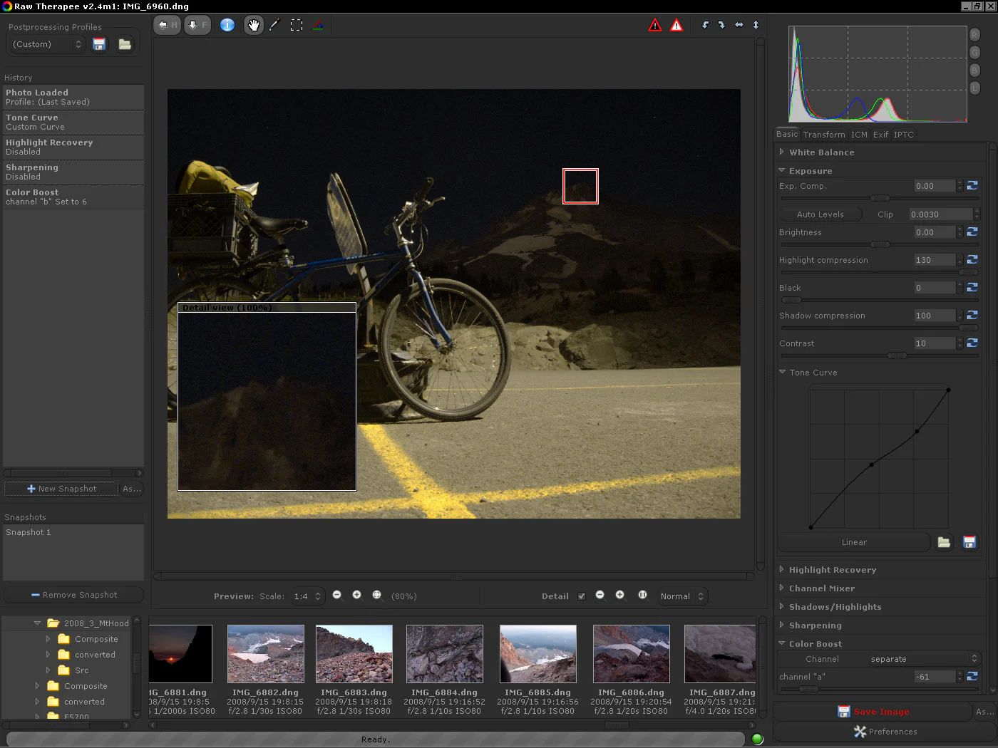 RawTherapee xử lý nhiều ảnh Mount Hood với file browser, preview và bảng công cụ trong cùng giao diện.