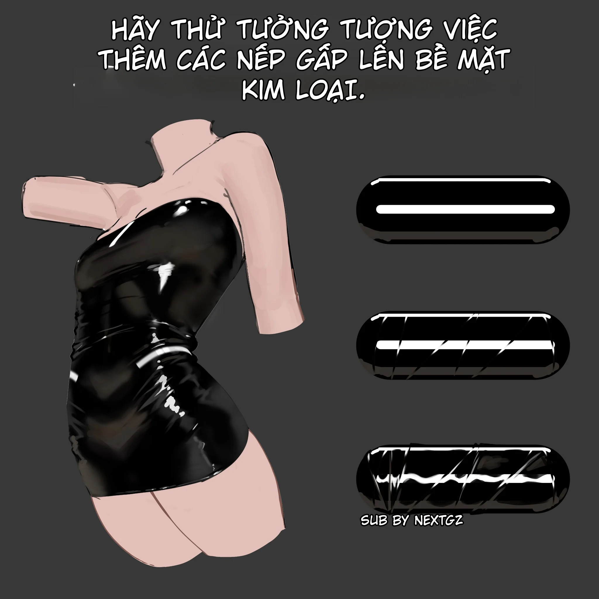 Ảnh gốc tổng quan minh họa chất liệu latex bóng và ba thanh mẫu chuyển từ bề mặt kim loại sang latex có nếp gấp.