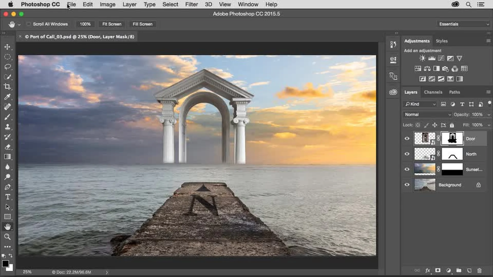 Giao diện Photoshop trong tutorial Adobe Learn về compositing, minh họa cảnh dùng Blend If để hòa các lớp ảnh trong cùng một cảnh.