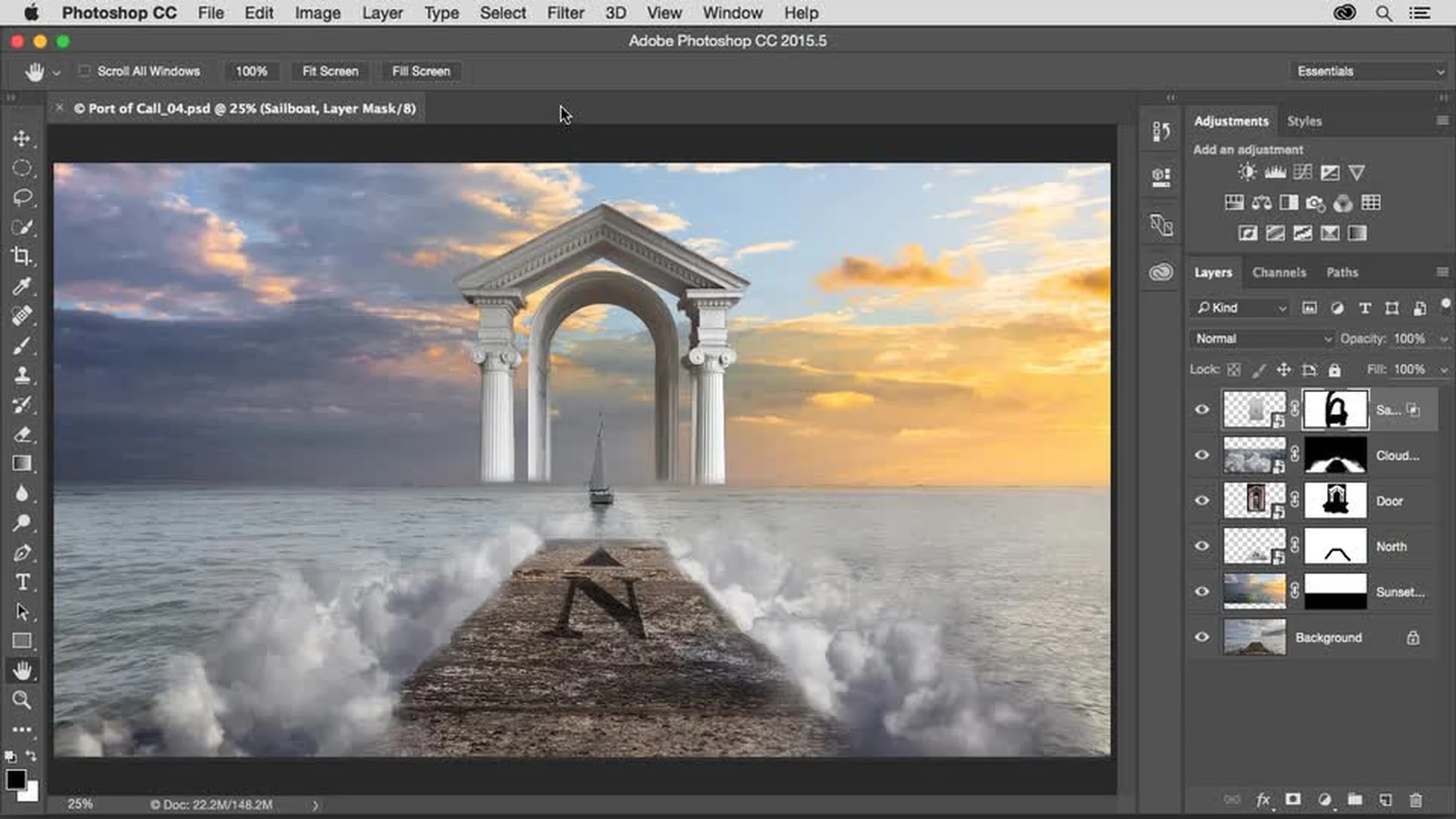 Giao diện Adobe Photoshop với cloud layer, sailboat và layer masks trong scene compositing, minh họa Blend If kết hợp mask để giữ chiều sâu và vùng sáng tối.
