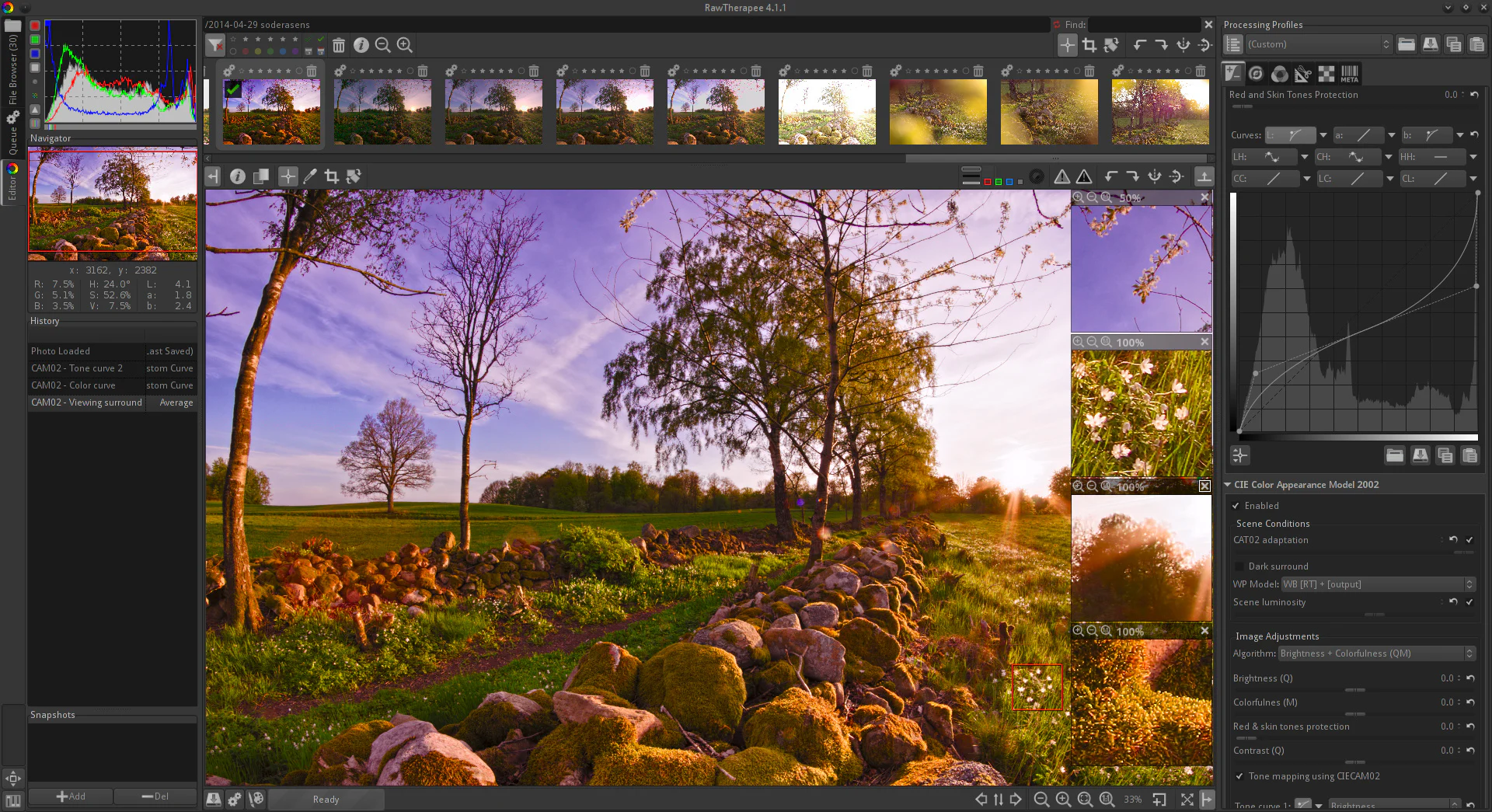 RawTherapee 4.1 đang phát triển ảnh HDR DNG với preview và các bảng thông số chỉnh ảnh.