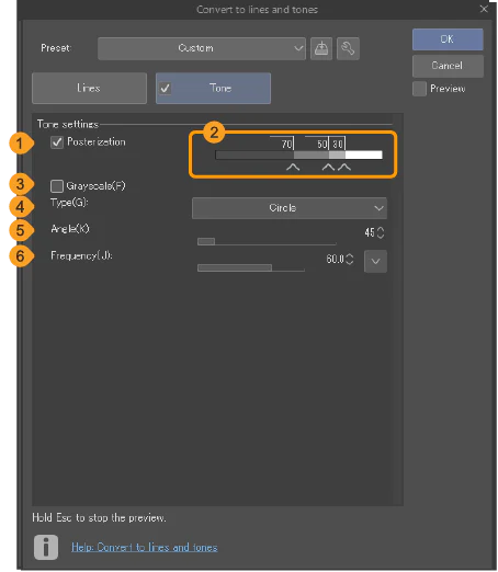 Nhóm Tone settings của Convert to Lines and Tones trong Clip Studio Paint EX với density, dot type, angle và frequency.
