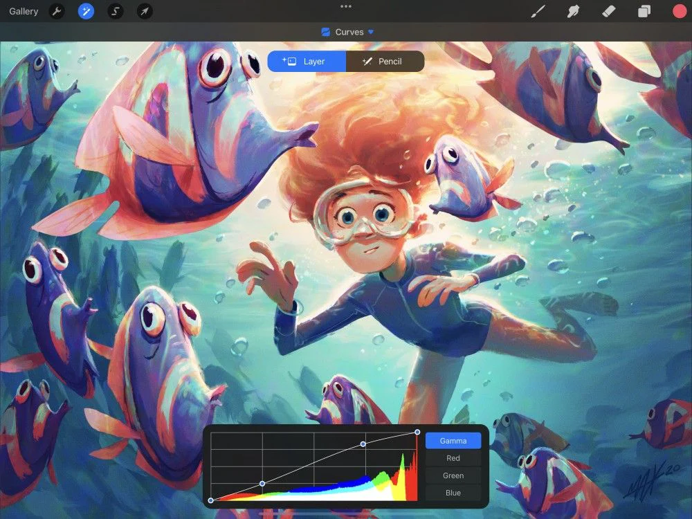 Bảng Curves trong Procreate với histogram và các kênh Gamma Red Green Blue
