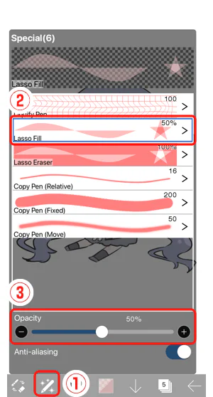 Chọn Lasso Fill và điều chỉnh Opacity trong cửa sổ Special Pen của ibisPaint