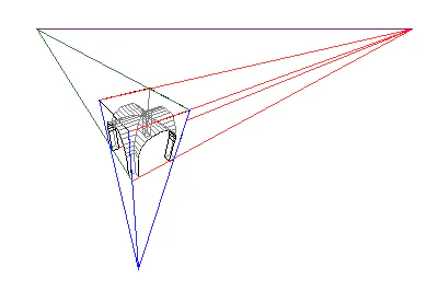 Sơ đồ phối cảnh ba điểm với khối hộp và ba nhóm cạnh hội tụ về ba điểm tụ khác nhau.