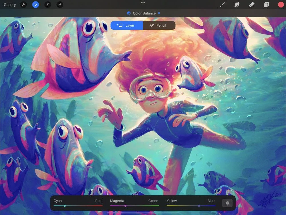 Bảng Color Balance trong Procreate với dải Cyan Red Magenta Green Yellow Blue
