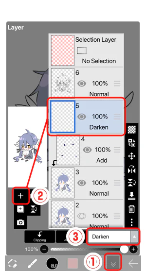 Cửa sổ Layer ibisPaint với thao tác tạo layer bóng và đặt blend mode Darken
