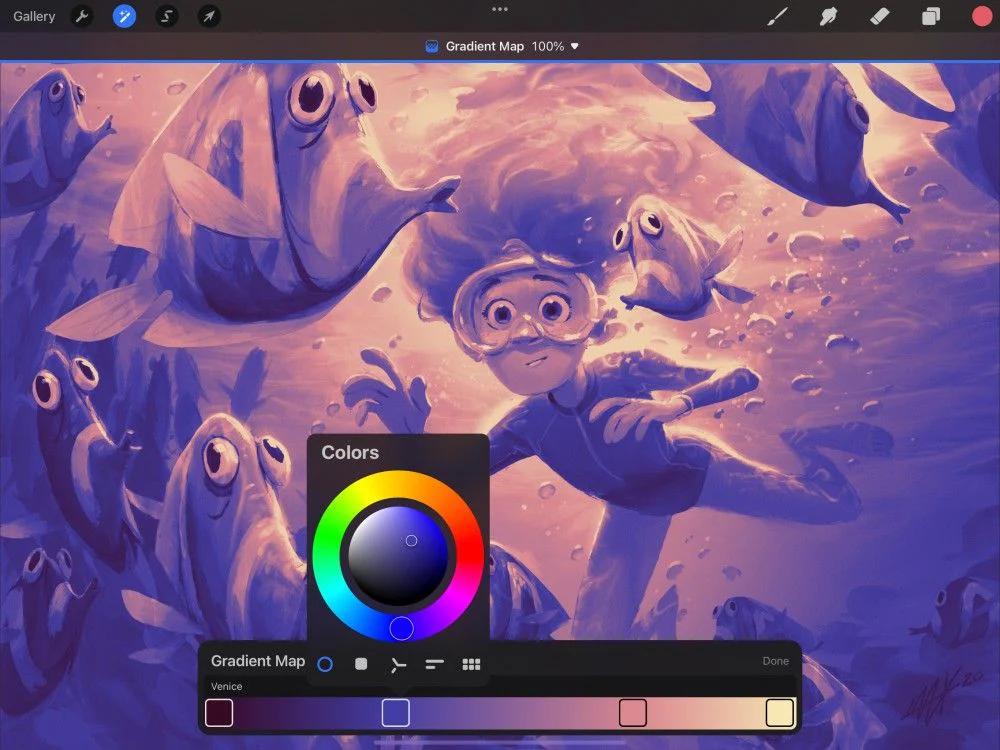 Trình chỉnh sửa Gradient Map trong Procreate với bánh xe màu và dải gradient tùy chỉnh