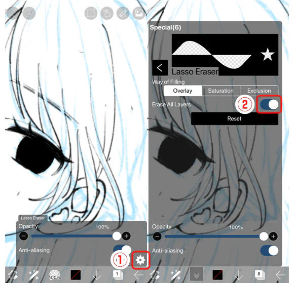 Bật tùy chọn Erase All Layers cho Lasso Eraser trong ibisPaint