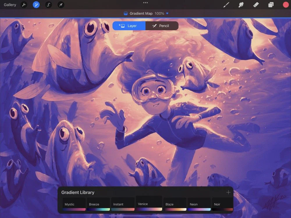 Gradient Map Library trong Procreate với các preset màu Mystic Breeze Instant Venice Blaze Neon và Noir