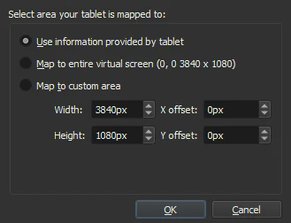 Hộp thoại Advanced Tablet Settings của Krita để ánh xạ vùng màn hình và vùng bảng vẽ