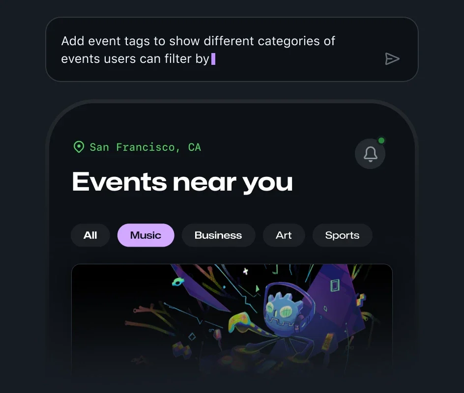 Bản xem trước ứng dụng sự kiện trong GitHub Spark với prompt bổ sung bộ lọc danh mục