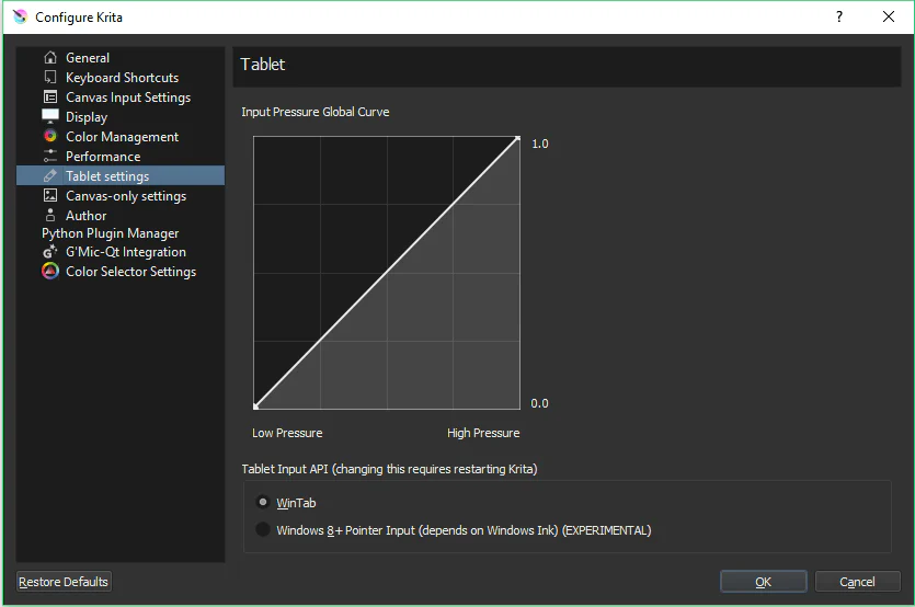 Cửa sổ Tablet Settings của Krita với Global Pressure Curve và lựa chọn WinTab hoặc Windows Ink