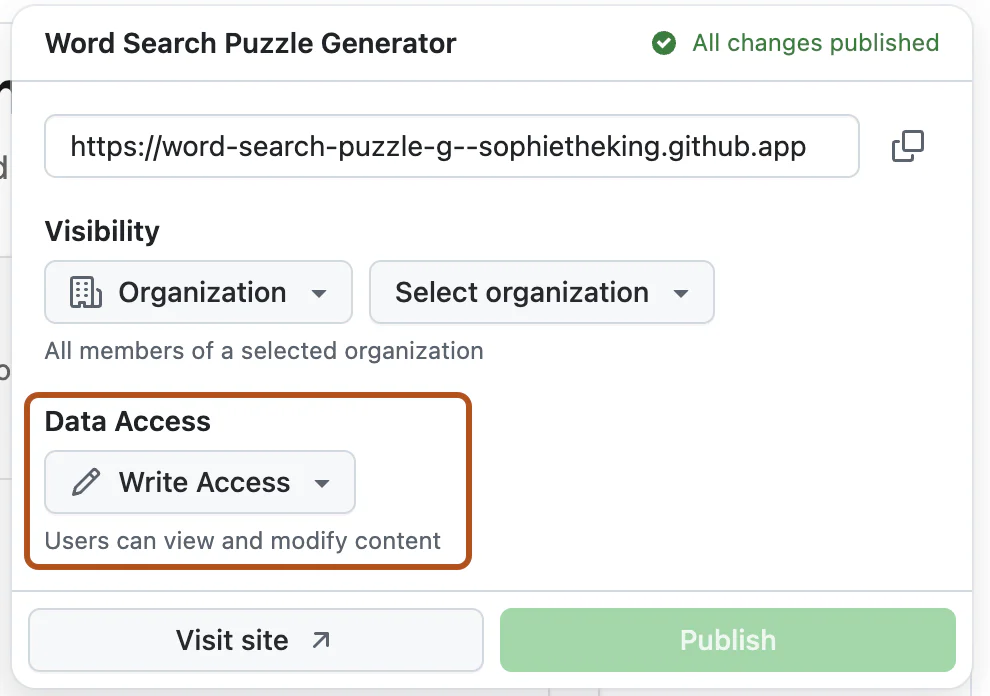 Bảng Publish GitHub Spark hiển thị Visibility theo tổ chức và tùy chọn Data Access