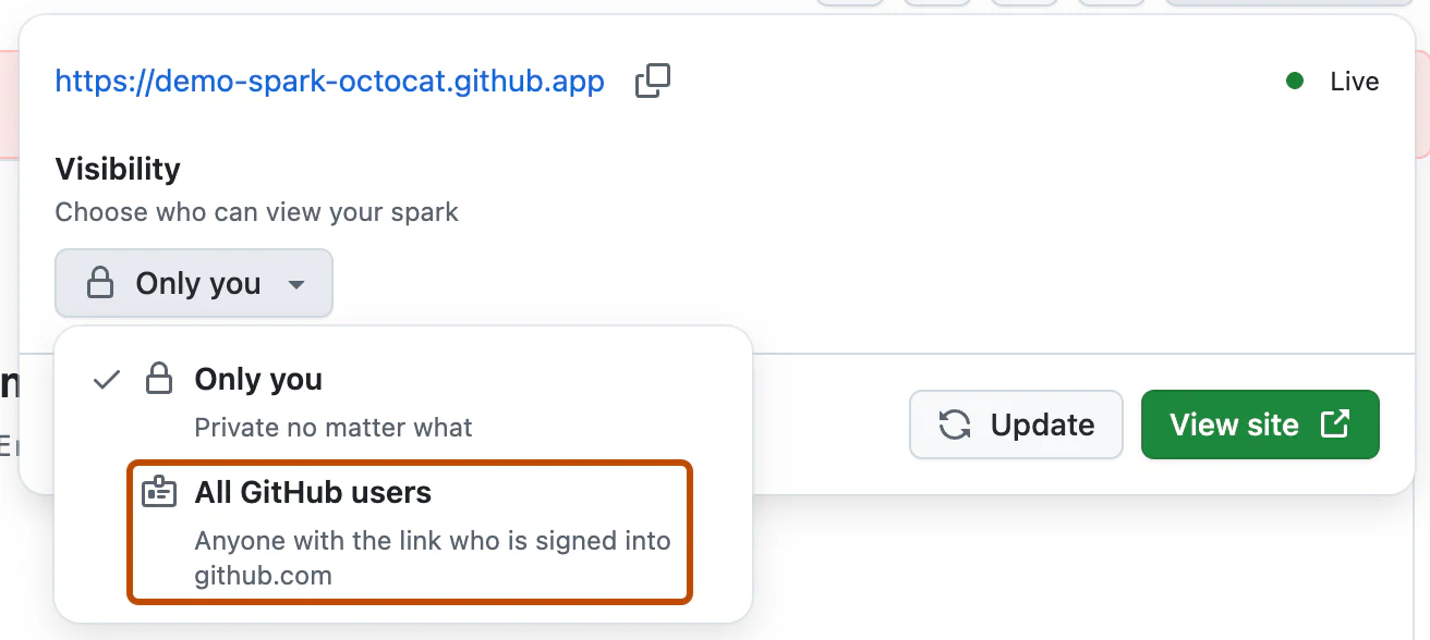 Menu Visibility của GitHub Spark với lựa chọn Only you và All GitHub users