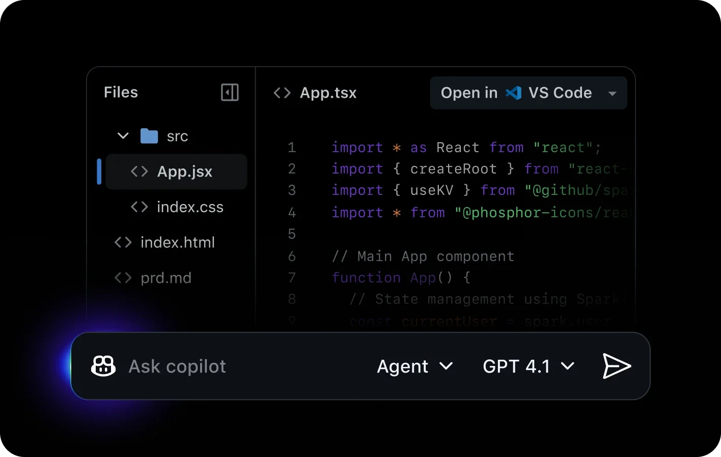 Trình xem mã GitHub Spark hiển thị cây tệp React và tùy chọn mở bằng VS Code