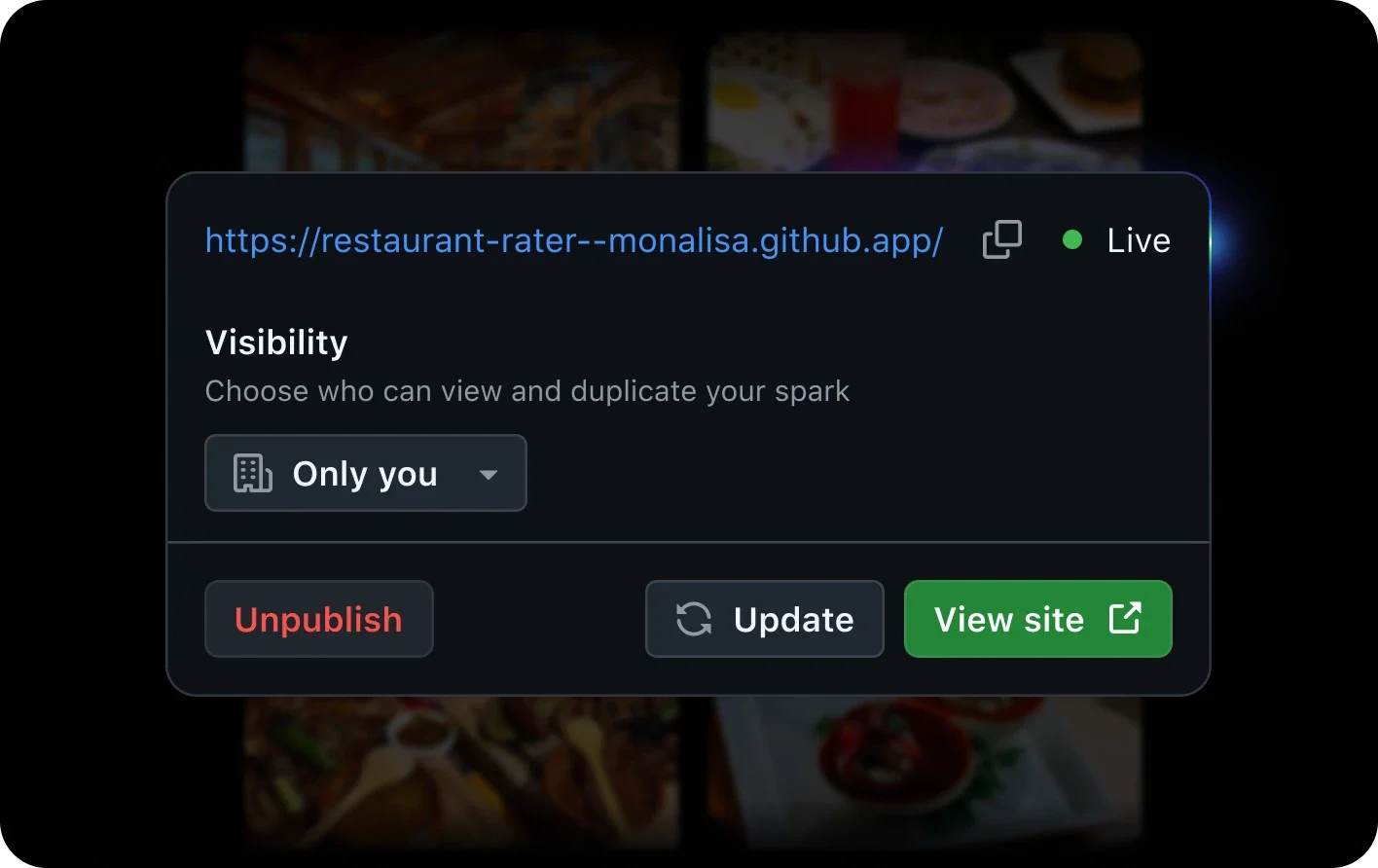 Bảng xuất bản GitHub Spark hiển thị URL ứng dụng, trạng thái Live và quyền hiển thị