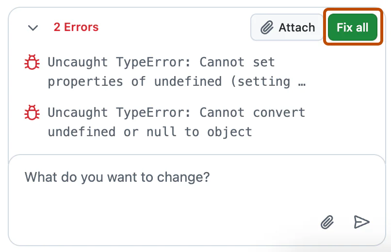 Khung lỗi GitHub Spark hiển thị hai lỗi TypeError và nút Fix all