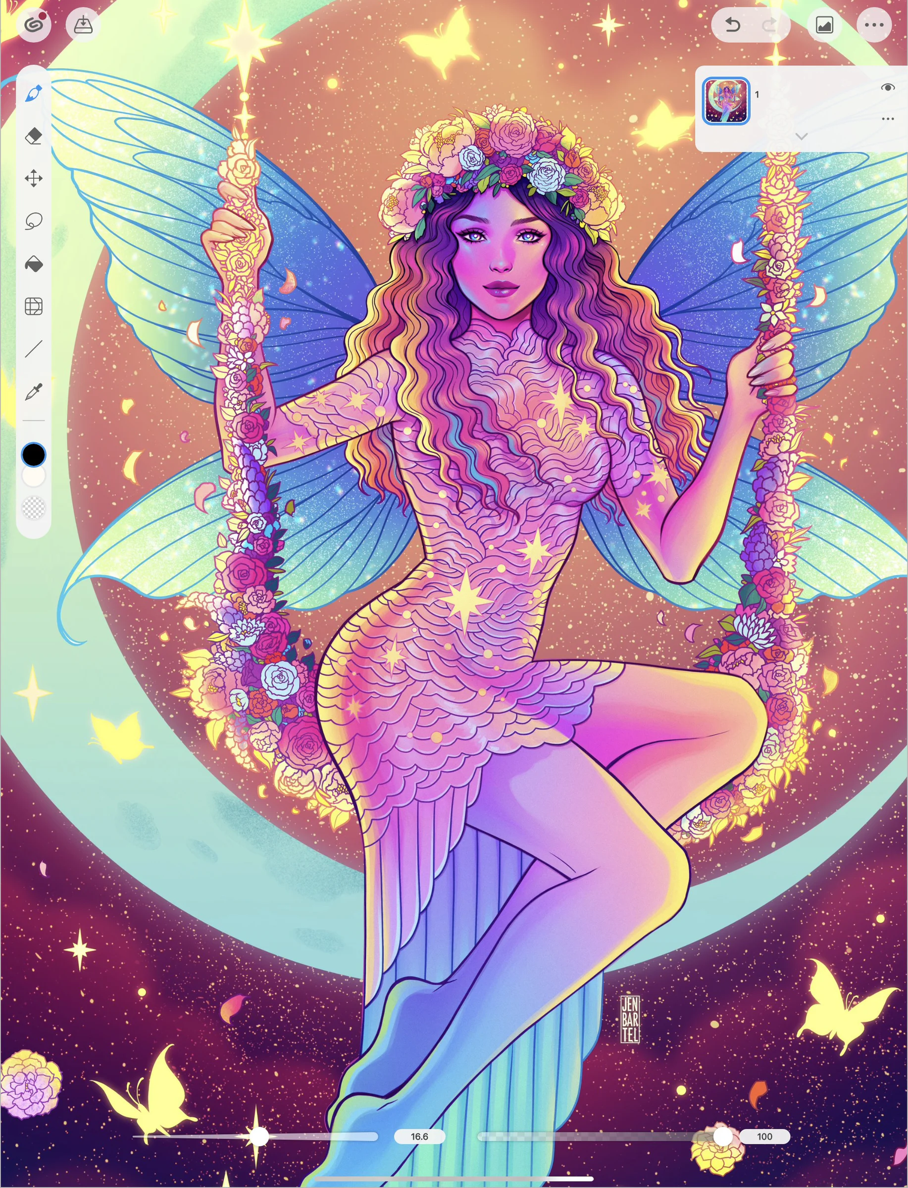 Clip Studio Paint chạy trên máy tính bảng với giao diện vẽ cảm ứng và tác phẩm minh họa nhiều màu.