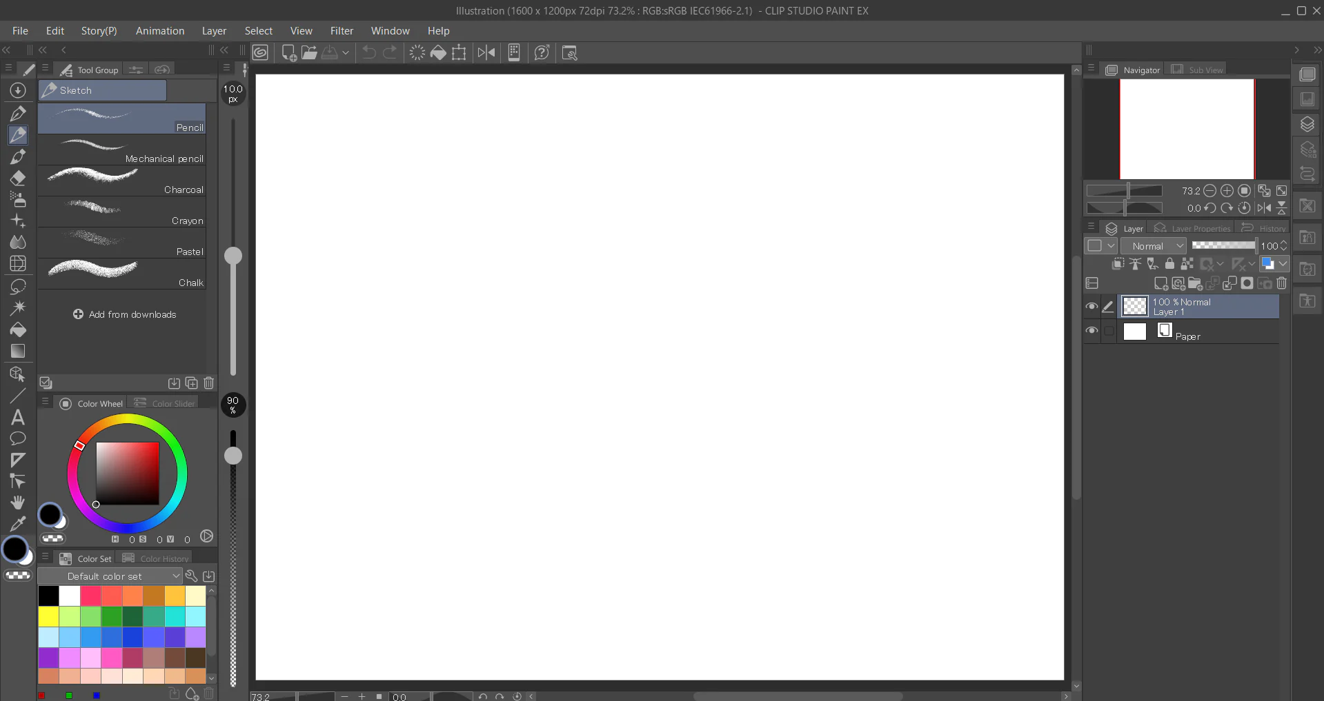 Giao diện Clip Studio Paint trên PC với bảng công cụ, màu và layer hiển thị trên canvas trống.