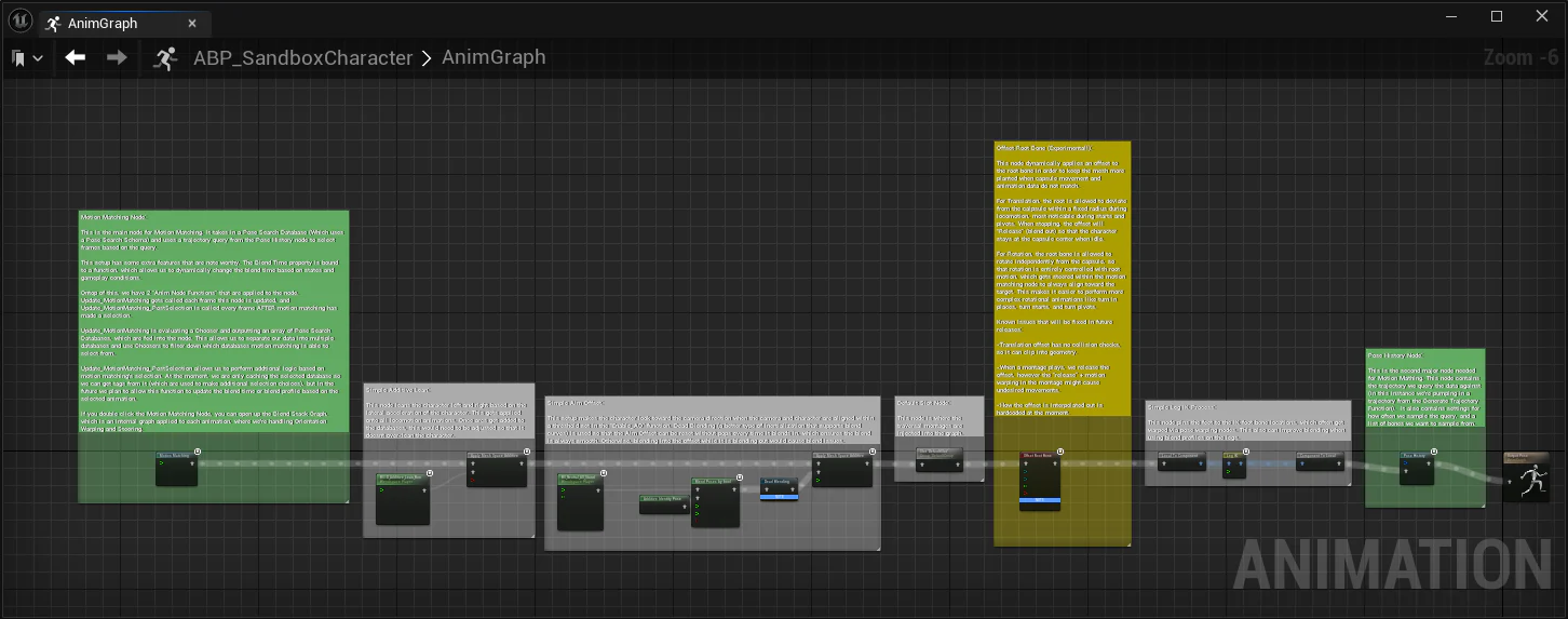 AnimGraph của Game Animation Sample Project trong Unreal Engine với hệ thống Motion Matching và các node animation liên quan.