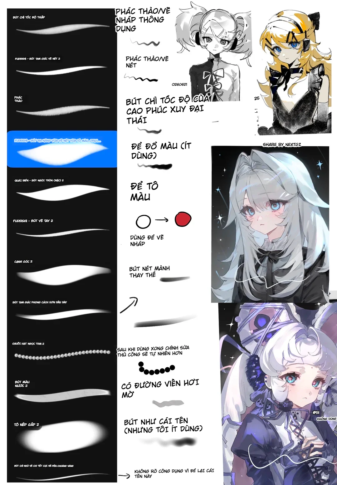 Share brush Procreate cho vẽ anime 1 Ảnh chia sẻ bộ brush Procreate cho vẽ anime với mẫu nét phác thảo, line art, tô màu, texture và minh họa nhân vật