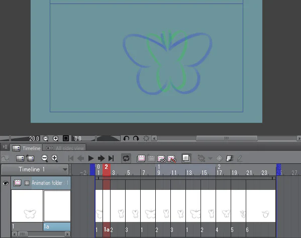 Hai cel trước và sau hiển thị bằng Onion Skin trong Clip Studio Paint