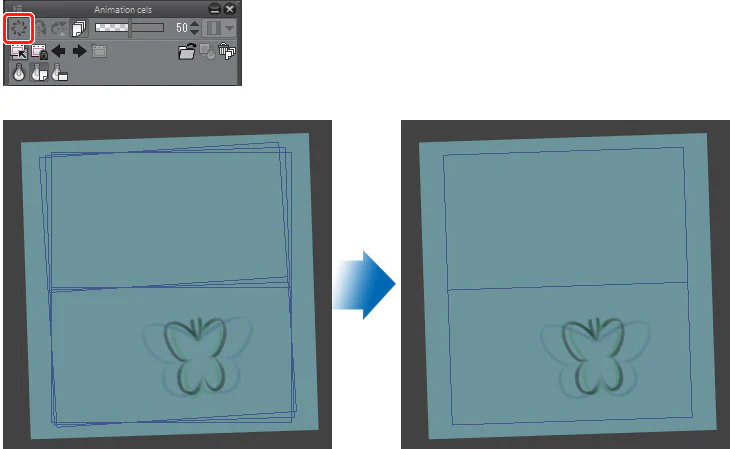 Nút Reset position of layers on light table và kết quả trước sau