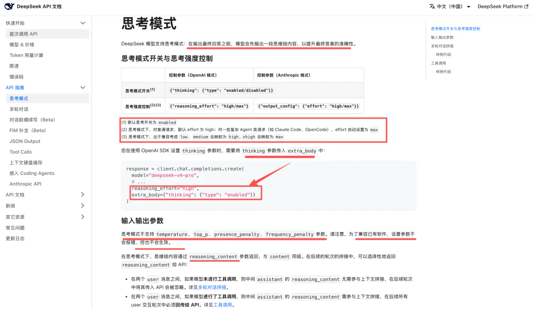 Tài liệu Thinking Mode của DeepSeek V4 minh họa cách bật thinking và cấu hình reasoning_effort cho OpenAI, Anthropic API