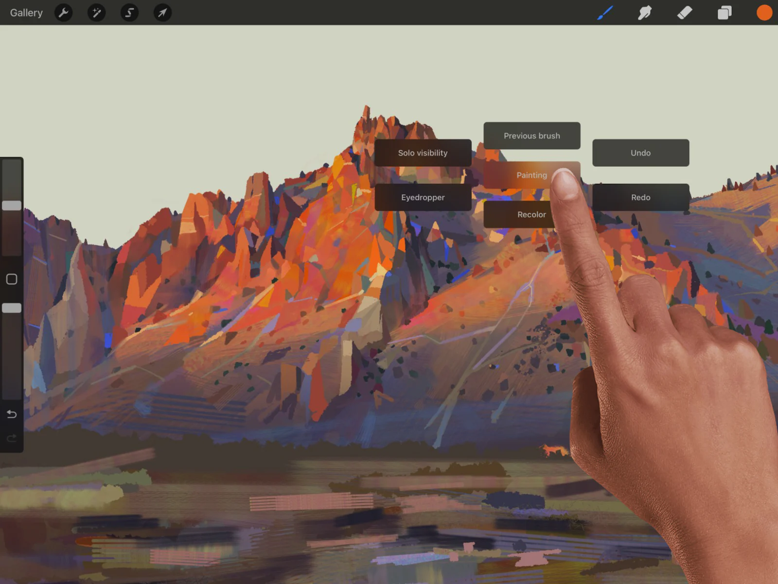 Artist dùng QuickMenu trực tiếp trên canvas Procreate để gọi shortcut mà không rời vùng vẽ