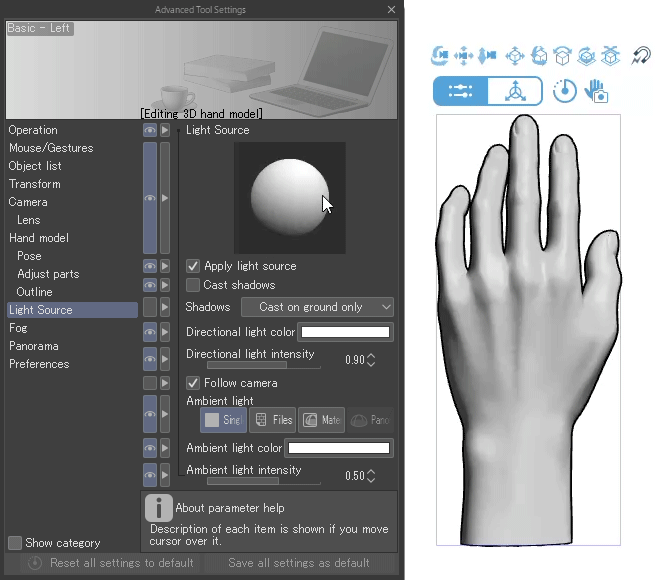 3D Hand Model trong Clip Studio Paint với bảng điều chỉnh hướng và cường độ nguồn sáng để quan sát plane của bàn tay