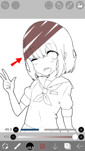 ibisPaint hiển thị đường nét đứt bao quanh vùng tóc sau khi rời Selection Layer và quay về Normal Layer