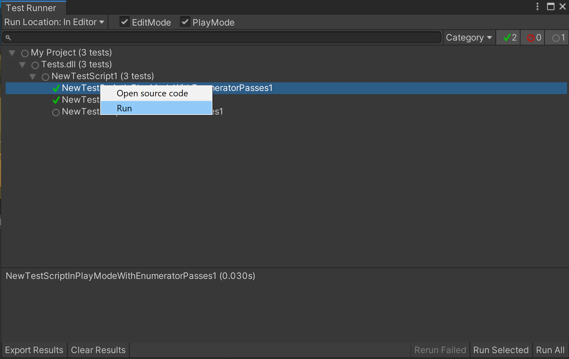 Unity Test Runner hiển thị giao diện chạy và kiểm tra test.