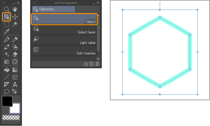 CLIP STUDIO PAINT hiển thị Object tool chọn một vector line với đường path, control points và bounding box