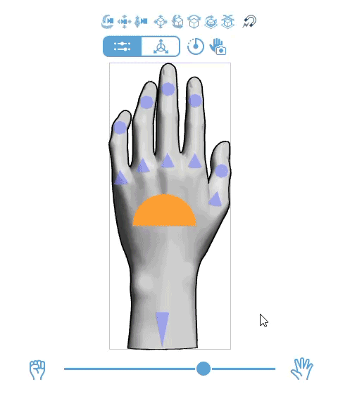 3D Hand Model trong Clip Studio Paint ở Slider mode với handle và slider để mở, đóng và uốn các ngón tay