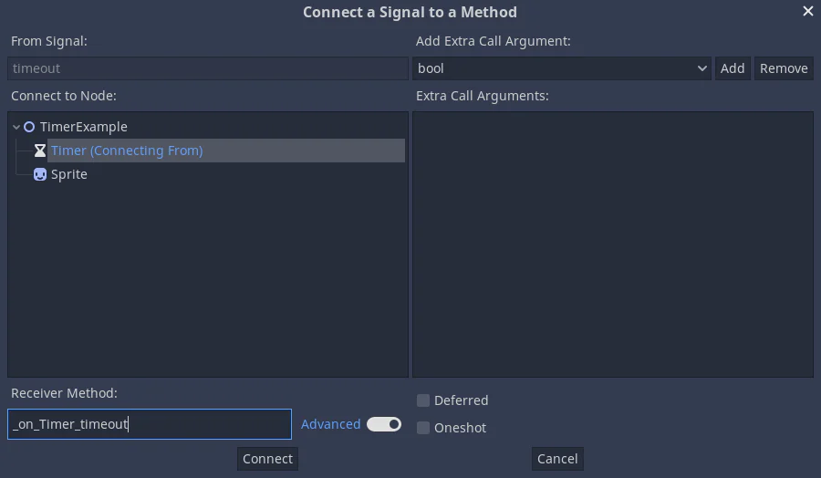 Godot Node dock hiển thị danh sách Signals và workflow kết nối signal trong Editor