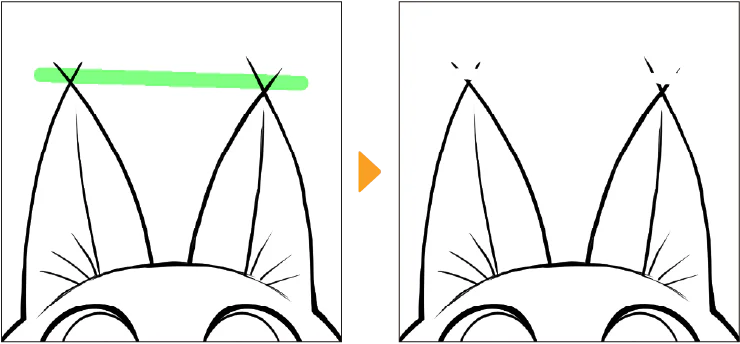 Minh họa CLIP STUDIO PAINT chỉ xóa phần line vector mà đầu tẩy đi qua khi dùng chế độ Erase touched areas