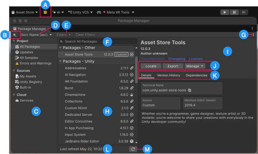 Unity Package Manager hiển thị các package của project.