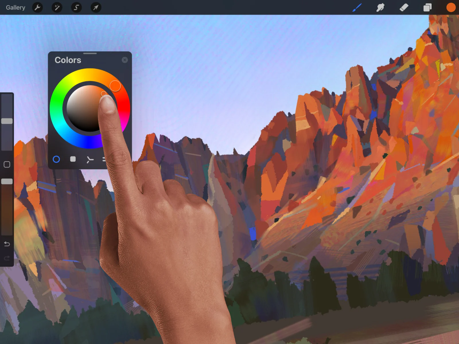 Color Companion của Procreate được tách khỏi thanh công cụ và đặt nổi trên canvas để chọn màu nhanh