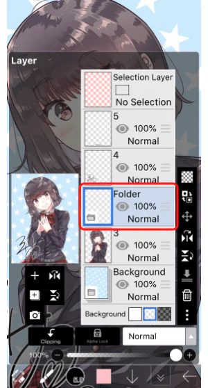 Cửa sổ Layer của ibisPaint hiển thị một Layer Folder đã được tạo để gom và quản lý nhiều layer theo nhóm