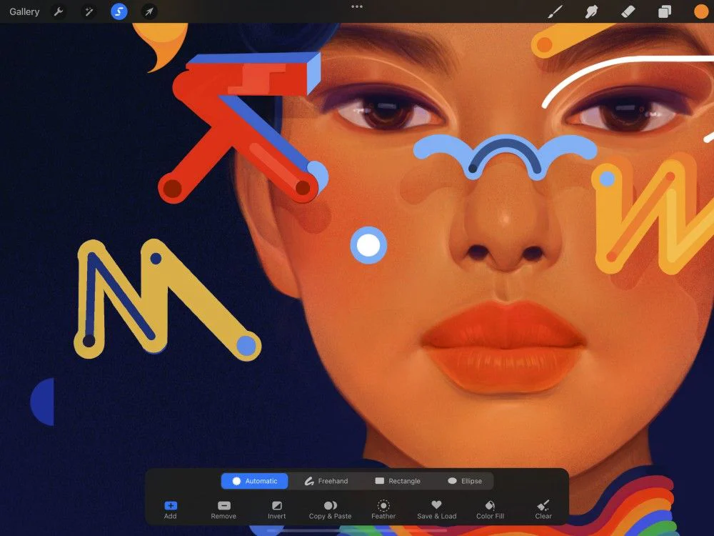 Procreate ở chế độ Automatic Selection trên artwork, dùng để chọn vùng theo màu và điều chỉnh Selection Threshold