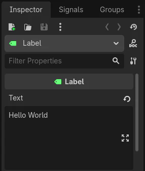 Godot Inspector hiển thị thuộc tính Text của Label dùng trong giao diện HUD