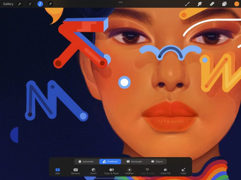 Procreate hiển thị chế độ Freehand Selection đang được chọn trên thanh Selection để vẽ vùng chọn thủ công