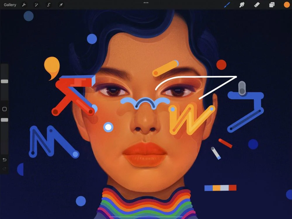 Artwork trong Procreate với công cụ Selection đang được kích hoạt từ thanh giao diện trên cùng