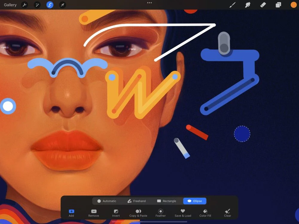 Procreate hiển thị chế độ Ellipse Selection với vùng chọn hình tròn trên artwork và thanh công cụ Selection