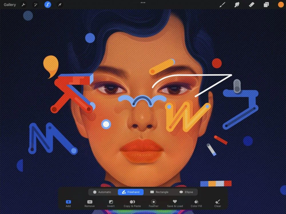 Thanh Selection của Procreate hiển thị các mode Automatic, Freehand, Rectangle, Ellipse cùng Add, Remove, Invert, Feather, Save & Load và Color Fill