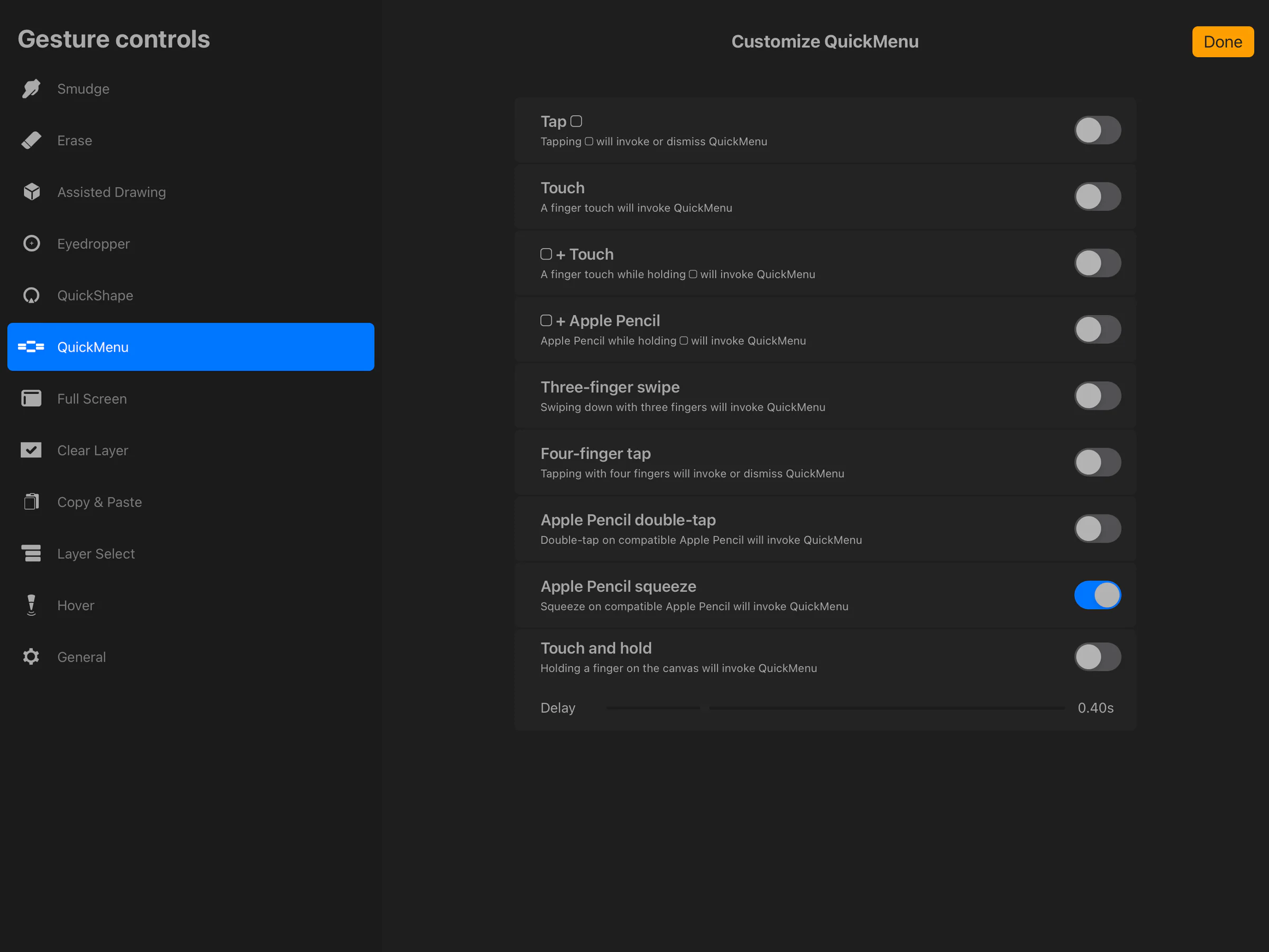 Màn hình Gesture Controls của Procreate với mục QuickMenu dùng để chọn cách kích hoạt menu thao tác nhanh