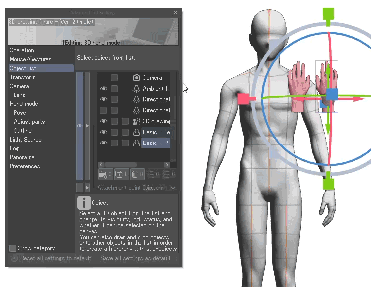 Clip Studio Paint gắn 3D Hand Model vào 3D Drawing Figure để bàn tay và cơ thể di chuyển cùng nhau theo pose