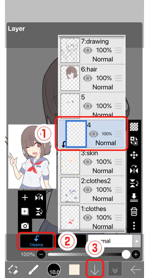 Cửa sổ Layer của ibisPaint cho thấy layer mới phía trên lớp màu nền được bật Clipping để giới hạn vùng vẽ