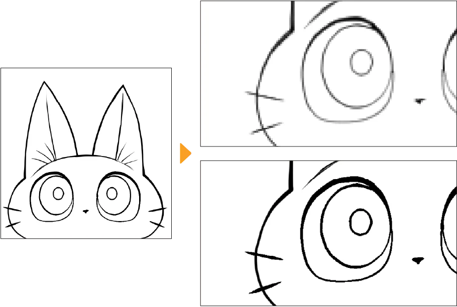 CLIP STUDIO PAINT so sánh lineart vector khi phóng lớn, cho thấy đường nét được tái tính toán và giữ biên sạch hơn khi scale